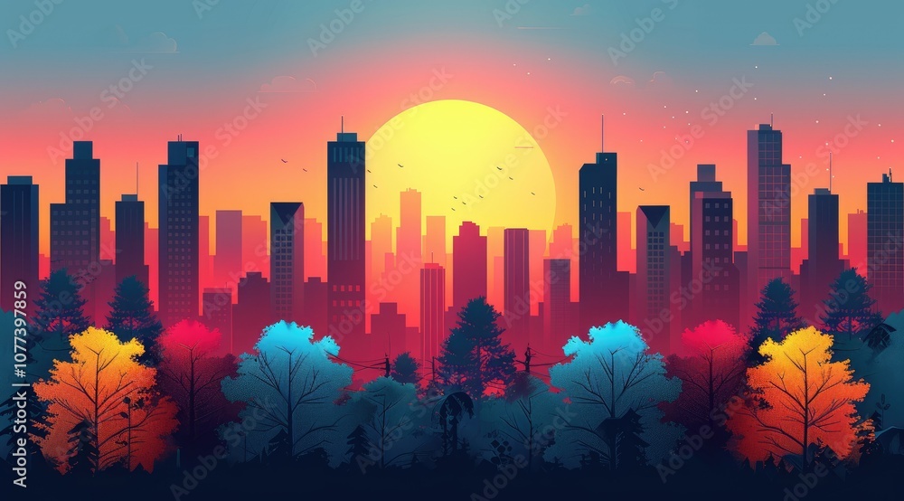 Silhouette of a city skyline with trees and a setting sun in a colorful sky. Silhouette of a city skyline with trees and a setting sun in a colorful sky.