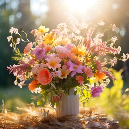 there is a vase of flowers sitting on a table in the sun photo