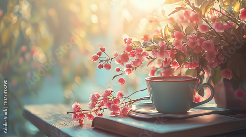 Wallpaper Mural A serene morning scene with a cup of tea and pink flowers in soft, warm light. Torontodigital.ca