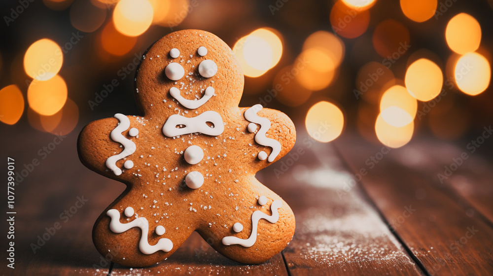 Christmas gingerbread cookies and gingerbread man with Christmas decorations on dark background with lights. Traditional Christmas baking. Christmas gingerbread cookies and gingerbread man with Christmas decorations on dark background with lights. Traditional Christmas baking.