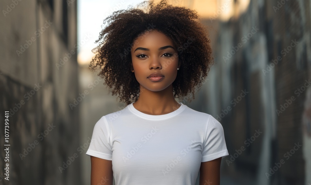 Plain white t-shirt mockup design. Portrait of young afro american woman on urban background. Plain white t-shirt mockup design. Portrait of young afro american woman on urban background.