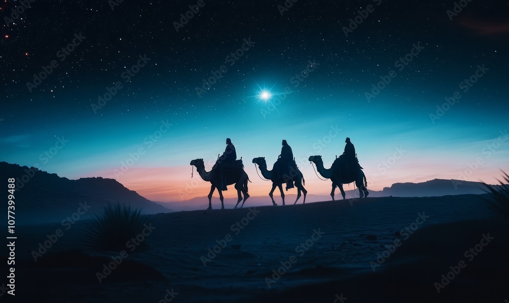 Fototapeta premium Three biblical wise men on camels journey through the desert at night, following a star, symbolizing the Nativity story and Christian faith