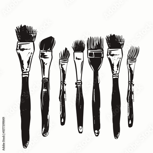 A collection of various paintbrushes in a monochrome illustration, showcasing different shapes and bristle types against a plain background.