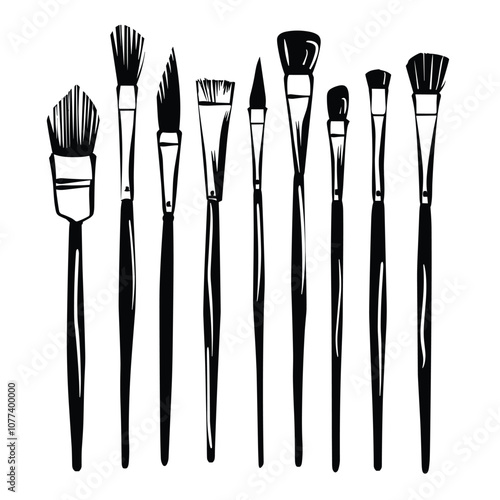 An array of artist brushes in various shapes and sizes displayed against a white background, showcasing tools essential for painting and creative expression.