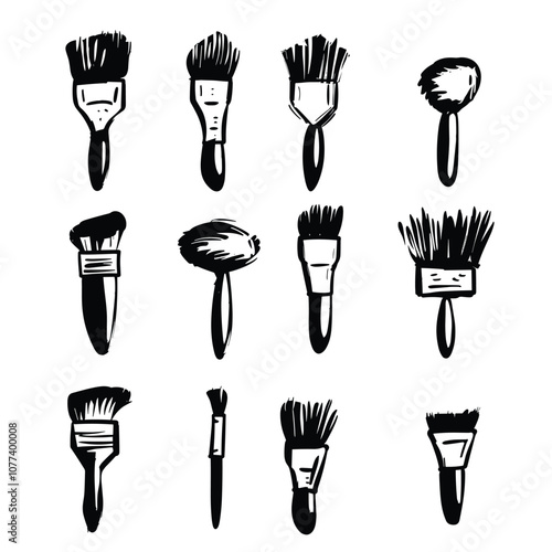 A collection of various paintbrushes illustrated in black and white, showcasing diverse shapes and bristle styles.