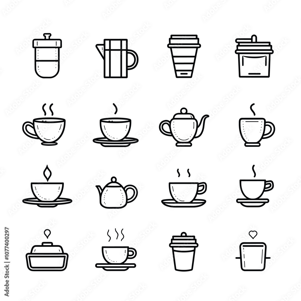 A collection of minimalist black and white line icons representing various coffee and tea vessels, including cups, teapots, and coffee makers on a white background. A collection of minimalist black and white line icons representing various coffee and tea vessels, including cups, teapots, and coffee makers on a white background.
