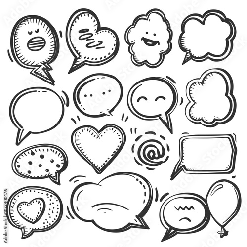 A collection of diverse speech and thought bubbles in a hand-drawn style, featuring hearts, swirls, and expressive shapes on a white background.