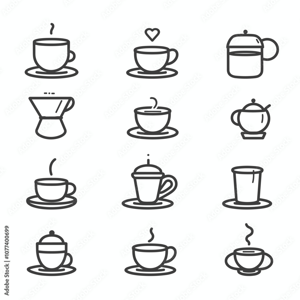 Minimalistic coffee-themed icons featuring various cups, pots, and brewing methods, all in a simple line drawing style. Minimalistic coffee-themed icons featuring various cups, pots, and brewing methods, all in a simple line drawing style.