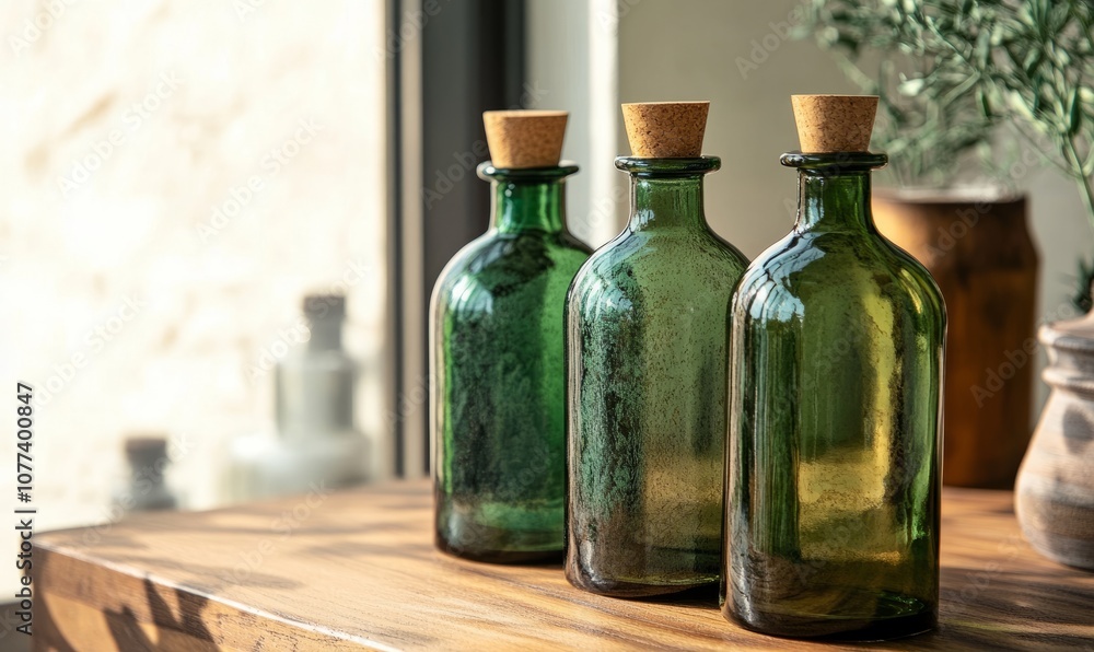 Stylish green and brown bottles with natural decor on a wooden surface Stylish green and brown bottles with natural decor on a wooden surface