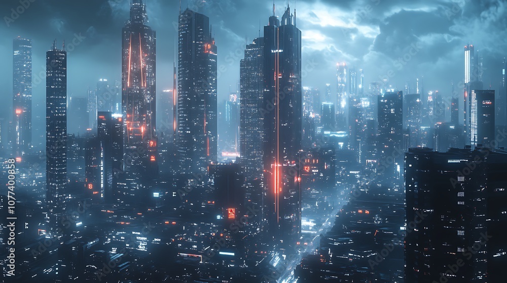 Fototapeta premium Futuristic urban cityscape with sharp, geometric skyscrapers and neon glow