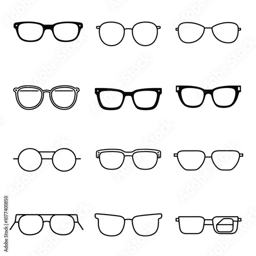 A collection of twelve diverse eyeglass frame designs displayed against a white background.