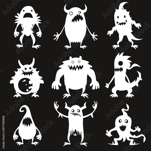 Creative illustration featuring nine unique cartoon monsters in various whimsical poses against a stark black background.