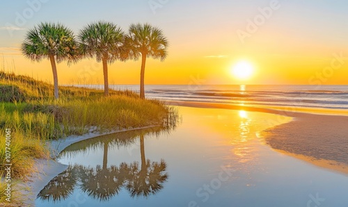 Sunset Over Tranquil Beach With Palm Trees Reflecting Golden Light on Calm Ocean Waves