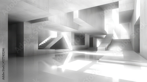 Abstract modern minimalist concrete architecture with sunlight shining through windows.