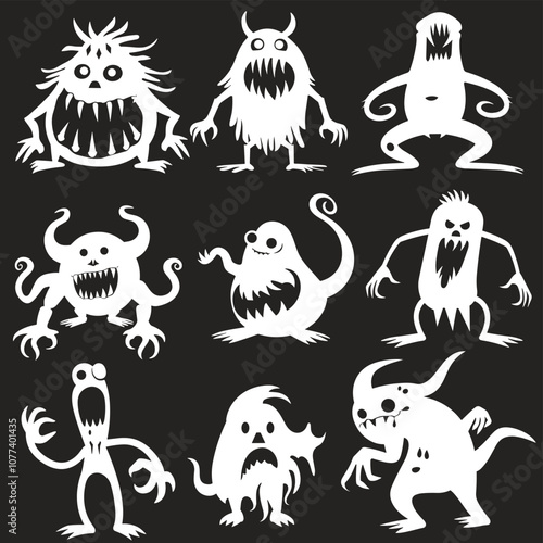 A collection of nine whimsical, white monster silhouettes on a dark background, each displaying unique and playful shapes with exaggerated features.