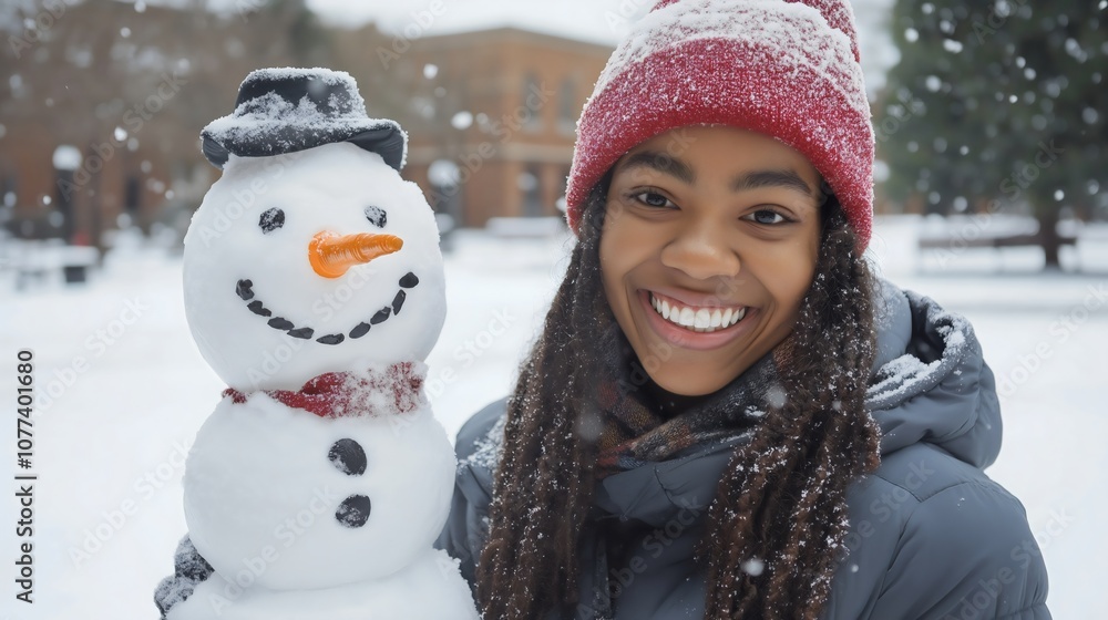 african american girl smiling and building a snowman with a carrot nose in the snow, enjoying winter nature and feeling happy as the child plays in the snowy landscape during a joyful season african american girl smiling and building a snowman with a carrot nose in the snow, enjoying winter nature and feeling happy as the child plays in the snowy landscape during a joyful season