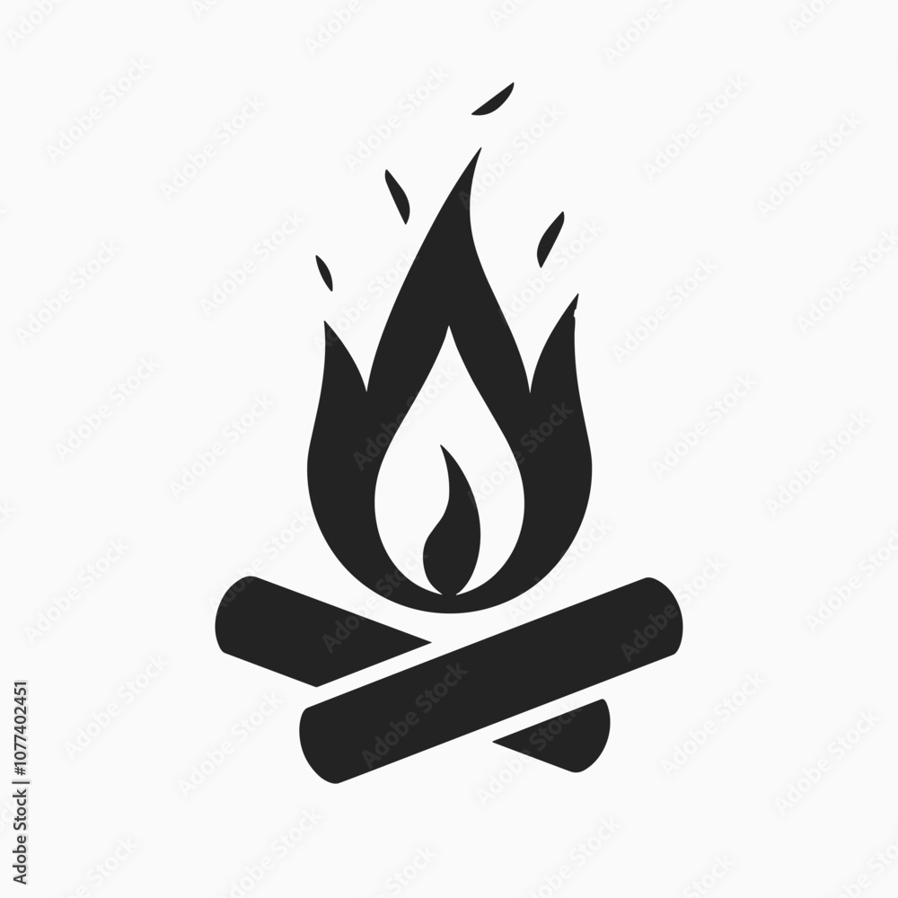 Minimalistic black and white campfire icon with logs and stylized flames, perfect for outdoor or camping themes. Minimalistic black and white campfire icon with logs and stylized flames, perfect for outdoor or camping themes.