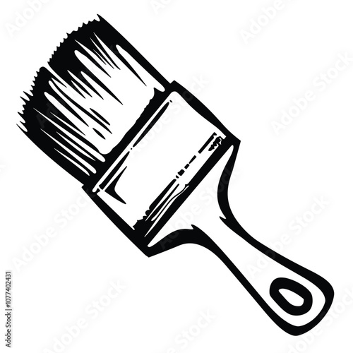 Illustration of a black and white paintbrush with bold brush strokes and a distinct handle, emphasizing a simplistic and artistic design.