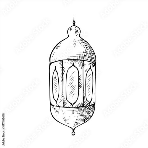 Vector Islamic arabian lantern. Graphic illustration isolated on white background. Muslim hand drawn line sketch, holiday Ramadan Kareem or Eid Al Adha 2025. For designers, prints, postcards, wrapping