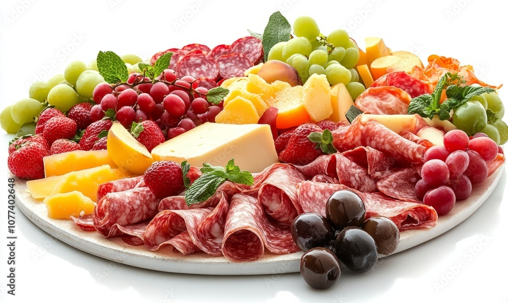 Vibrant assortment of fruits, meats, and cheeses on a platter, white isolated background Vibrant assortment of fruits, meats, and cheeses on a platter, white isolated background