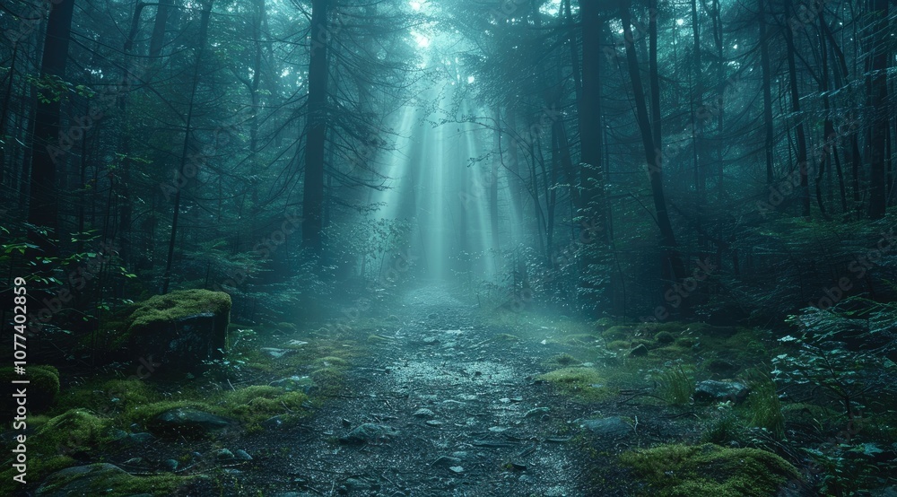 Fototapeta premium Sun rays pierce through misty forest, illuminating path ahead.