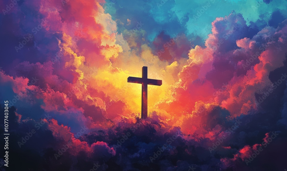 Obraz premium Vibrant scene of a cross silhouetted against a colorful sky, symbolizing Christian faith, hope, and spirituality, with bright hues evoking peace and inspiration