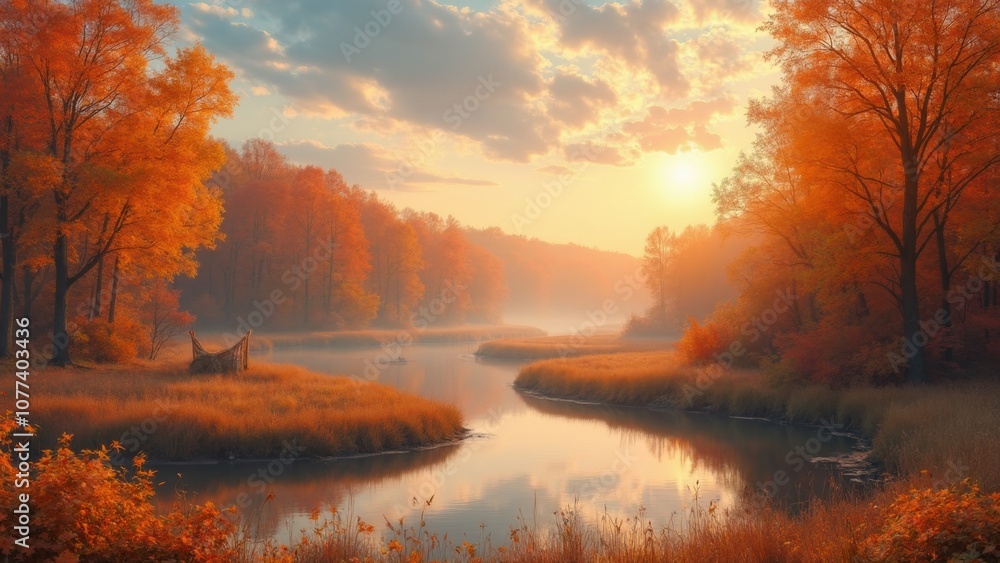 The sun sets gently over a tranquil river, illuminating the vibrant orange trees and casting warm reflections on the water while mist rises softly from the surface Thanksgiving day concept The sun sets gently over a tranquil river, illuminating the vibrant orange trees and casting warm reflections on the water while mist rises softly from the surface Thanksgiving day concept