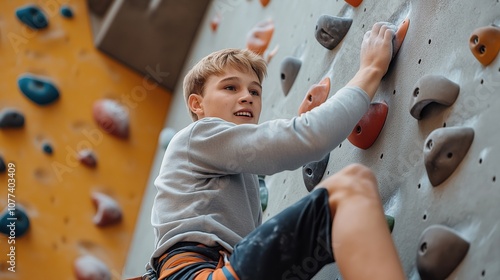 Obraz na płótnie Young boy engaged in indoor rock climbing on colorful climbing wall, focusing on upper hand holds, wearing casual sportswear w salonie