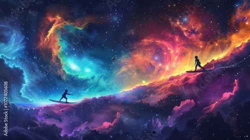 Wallpaper Mural Cosmic vector scene of children surfing on comet tails through a colorful nebula, with swirling gas clouds and stellar nurseries Torontodigital.ca