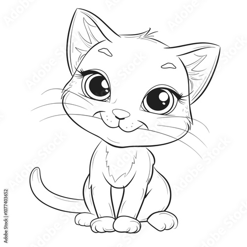 Adorable cartoon kitten with large, expressive eyes sitting charmingly, ready to captivate hearts with its innocence and playful demeanor.