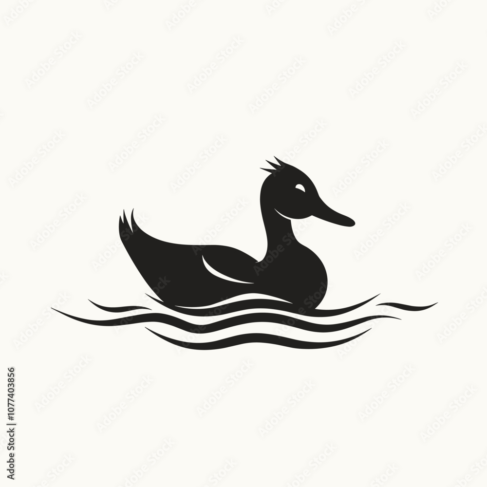 Fototapeta premium Black silhouette of a duck gracefully gliding on rippling water, conveying a tranquil and minimalist design.