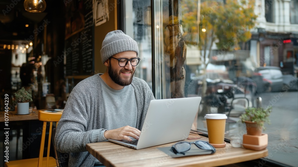 Young man with beard and glasses working on laptop in a cozy cafe by the window. He is wearing a beanie and sweater, surrounded by potted plants and a coffee cup. Young man with beard and glasses working on laptop in a cozy cafe by the window. He is wearing a beanie and sweater, surrounded by potted plants and a coffee cup.