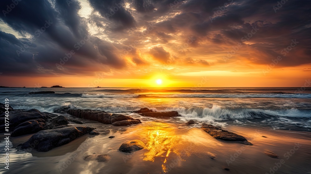 Obraz premium Dramatic sunset over ocean waves and colorful sky.