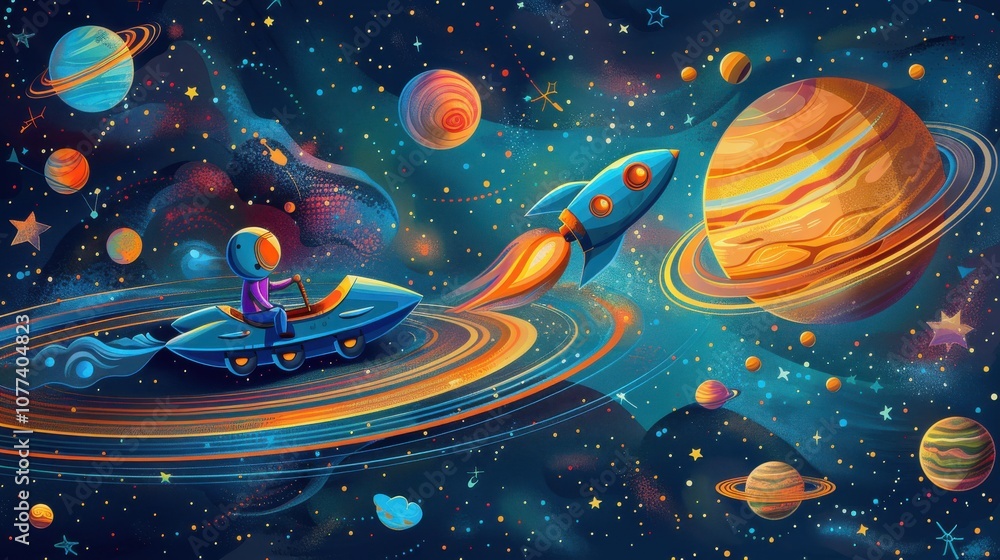 Cosmic vector scene of kids riding a rocket carousel through Saturn's rings, with colorful planets and stars in the background Cosmic vector scene of kids riding a rocket carousel through Saturn's rings, with colorful planets and stars in the background