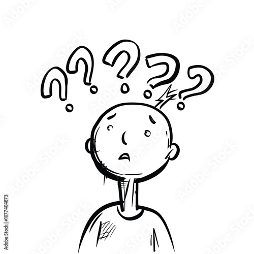 Cartoon character with puzzled expression surrounded by question marks on white background.