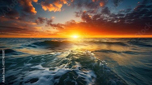 Dramatic sunset over ocean waves and colorful sky. photo