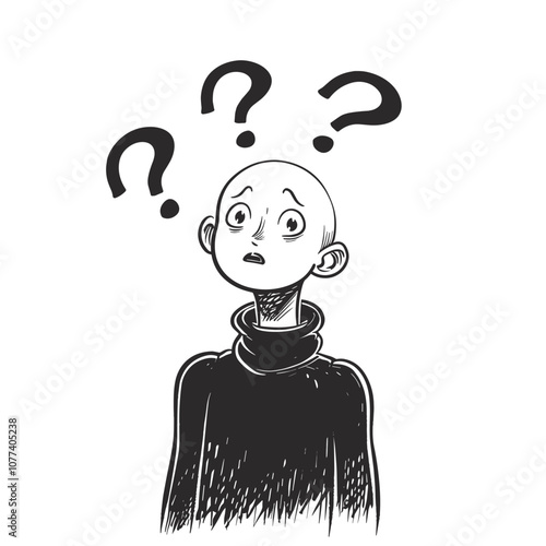 Black and white illustration of a puzzled character with question marks above their head, conveying confusion and curiosity.