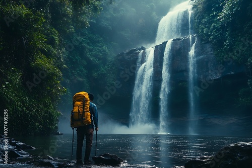 there is a man standing in front of a waterfall with a backpack photo