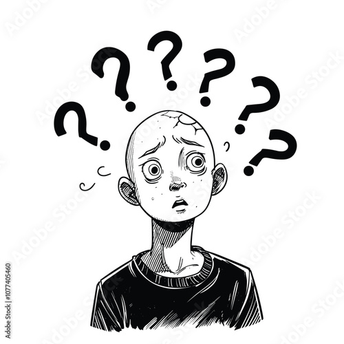 Illustration of a confused bald character with question marks swirling overhead, depicting a state of confusion or uncertainty.