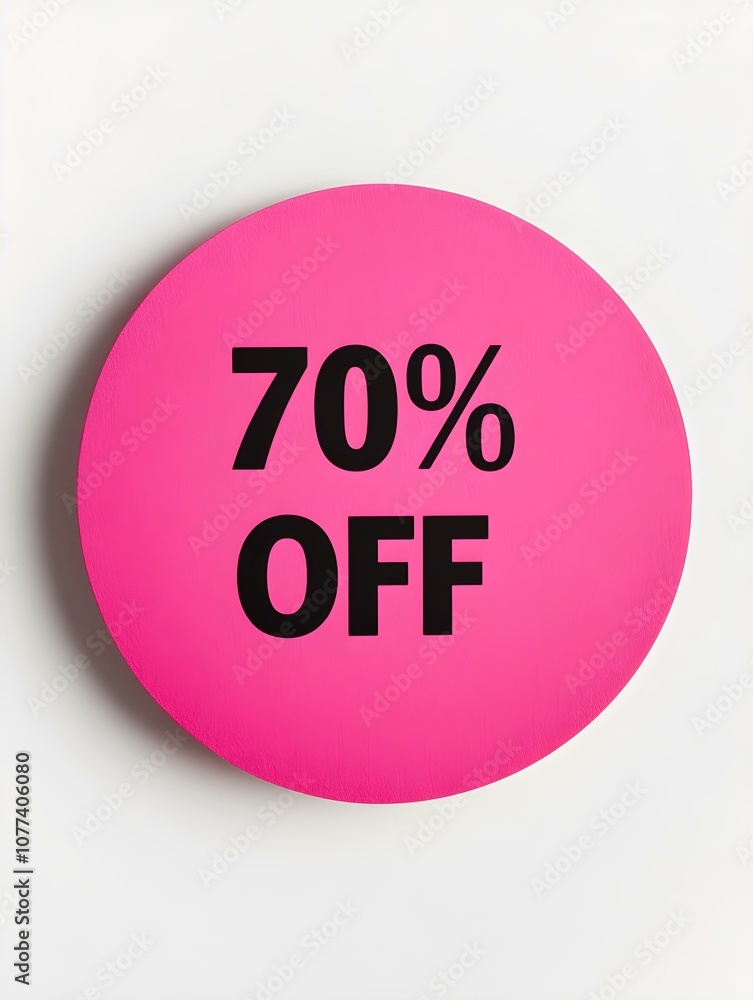 Black '70% OFF' Text on a Magenta Round Paper Note. White Background Black '70% OFF' Text on a Magenta Round Paper Note. White Background