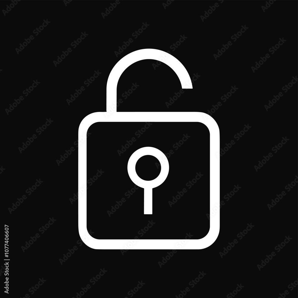 Minimalistic white open padlock icon on a solid black background, symbolizing security and access. Minimalistic white open padlock icon on a solid black background, symbolizing security and access.