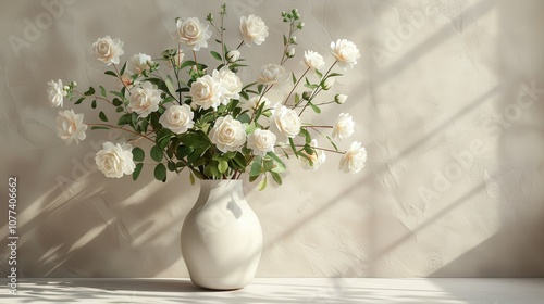 Digital rendering of a classic flower vase with soft-hued flowers, placed against a pale backdrop, perfect for home decor visuals