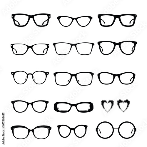 Collection of various eyeglasses and sunglasses silhouettes on a white background, showcasing different shapes and styles, including heart-shaped frames.