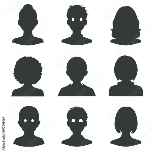 Silhouette collection of diverse people in various hairstyles and poses against a plain background.