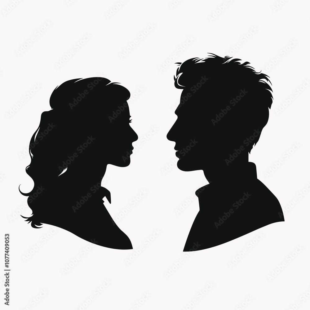 Silhouettes of a woman and man facing each other, showcasing profiles with distinct features against a light background. Silhouettes of a woman and man facing each other, showcasing profiles with distinct features against a light background.