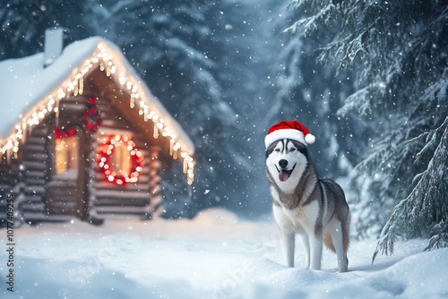 Resilient Husky Service Dog in Santa Hat Embraces Holiday Spirit in Winter Wonderland