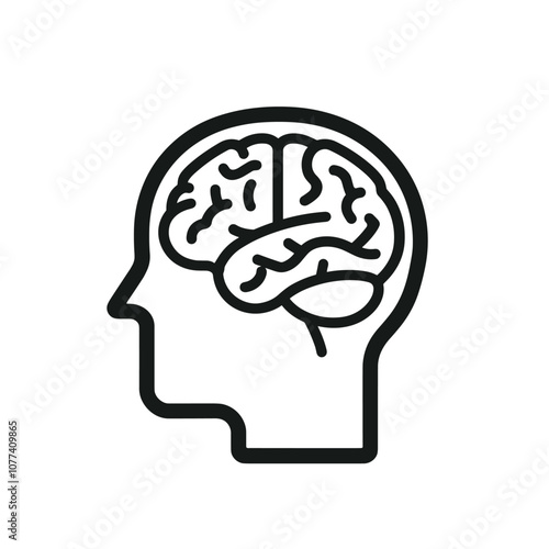 Outlined silhouette of a human head showcasing a detailed brain design, emphasizing anatomical features.