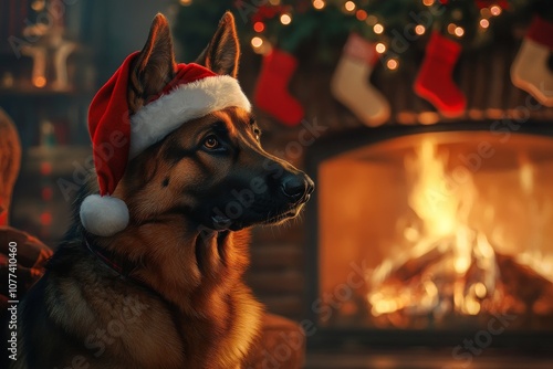 Protective German Shepherd in Santa Hat Exudes Warmth in Festive Living Room Scene photo