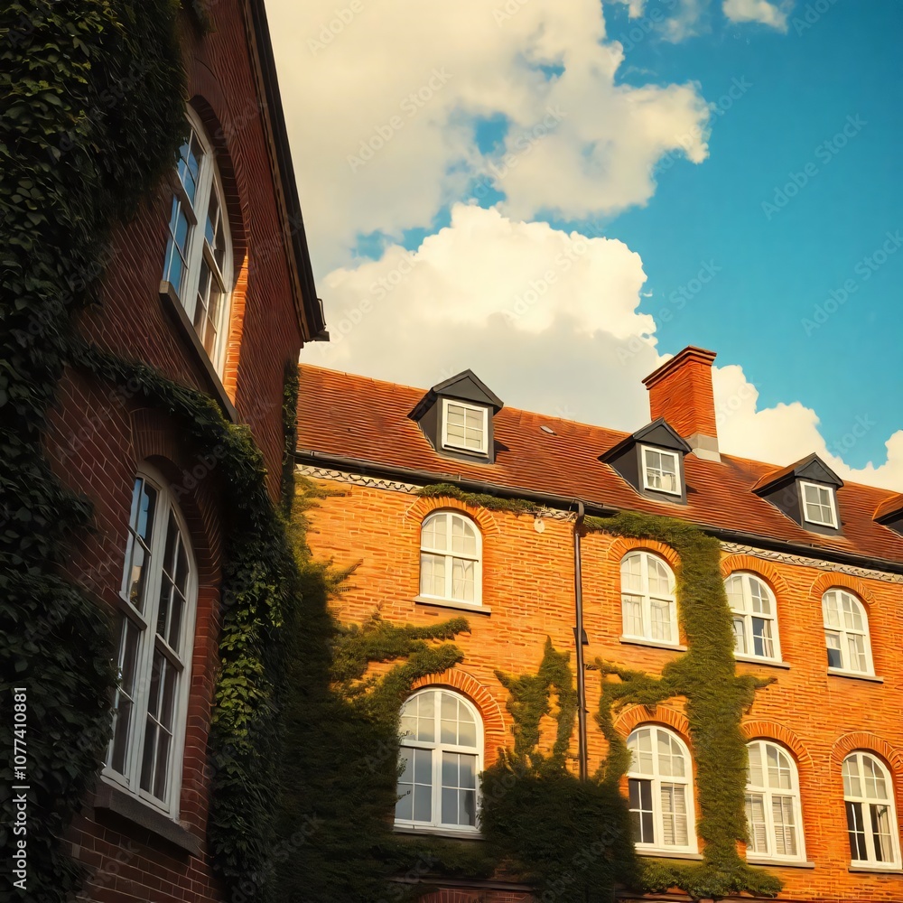 Fototapeta premium Facade of a historic brick building with arched windows and a balcony overlooking a European street on a white background