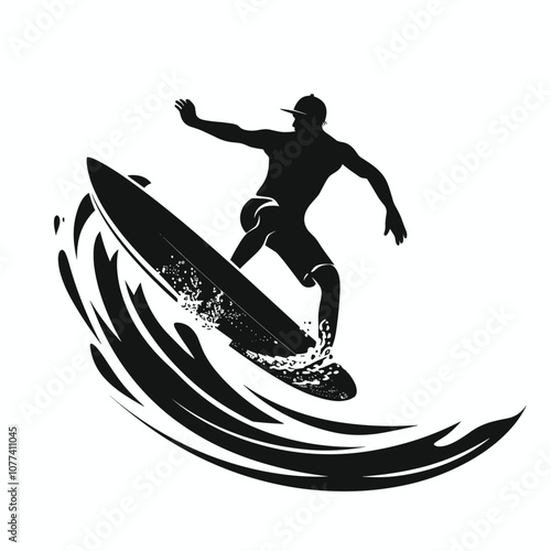 Silhouette of a man surfing an ocean wave with dynamic motion, showcasing strength and balance.